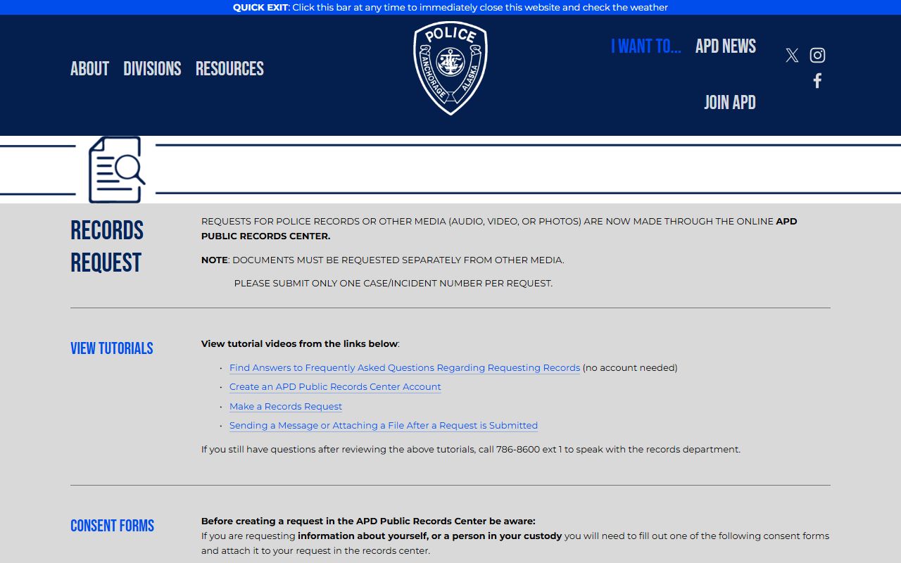 Anchorage Police Department public records request page