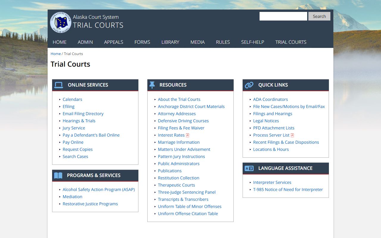 Alaska trial courts page showing courts serving the Kusilvak Census Area