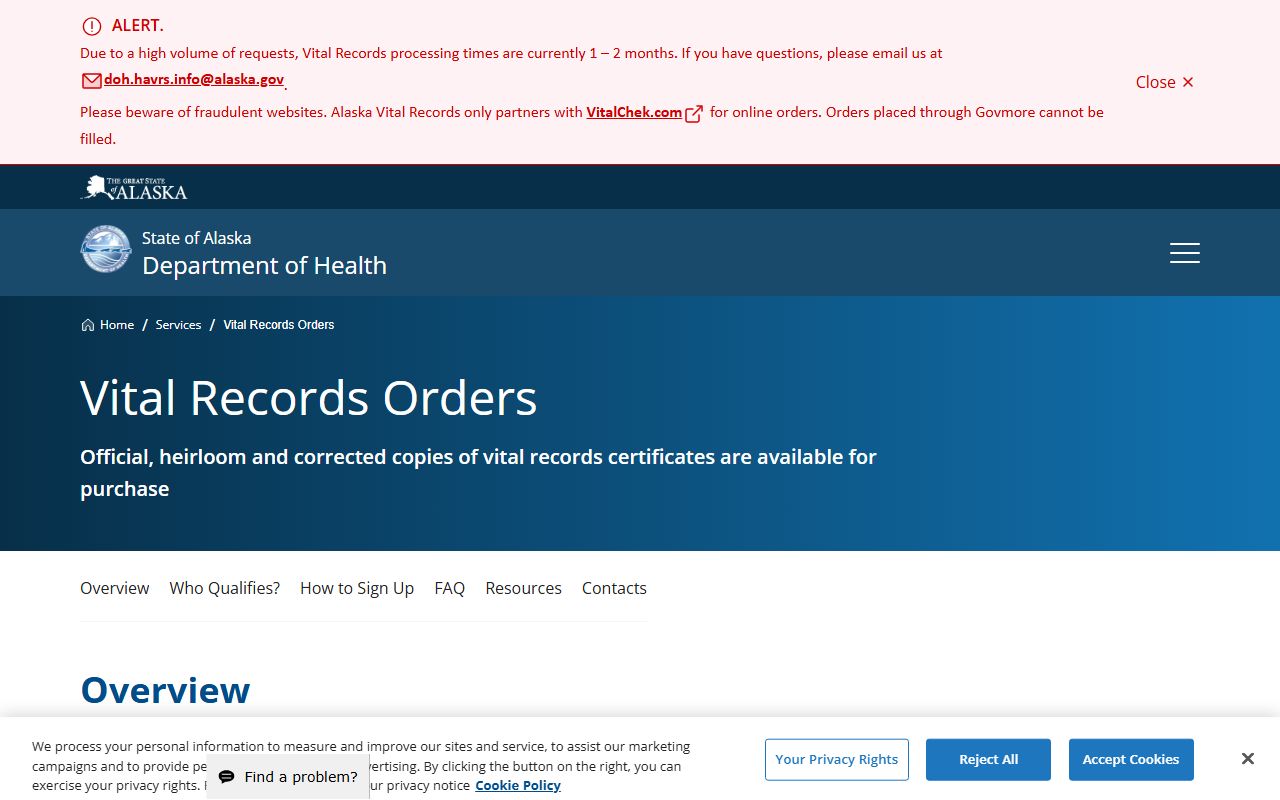 Alaska Bureau of Vital Statistics public records ordering page for Kusilvak Census Area
